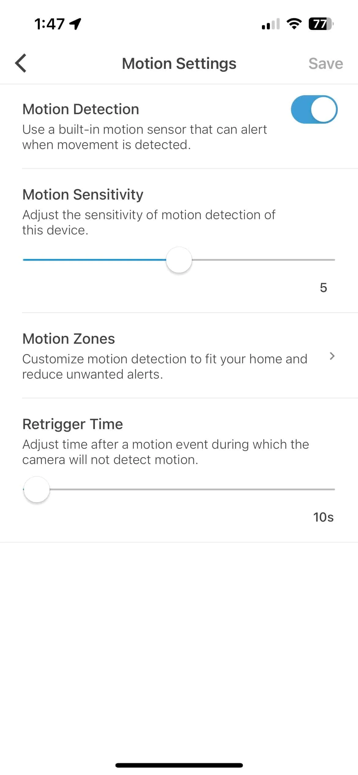 Blink app motion settings