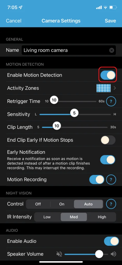 Blink motion sensitivity slider