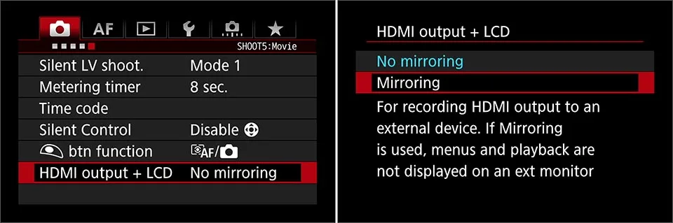 Camera menu HDMI output settings