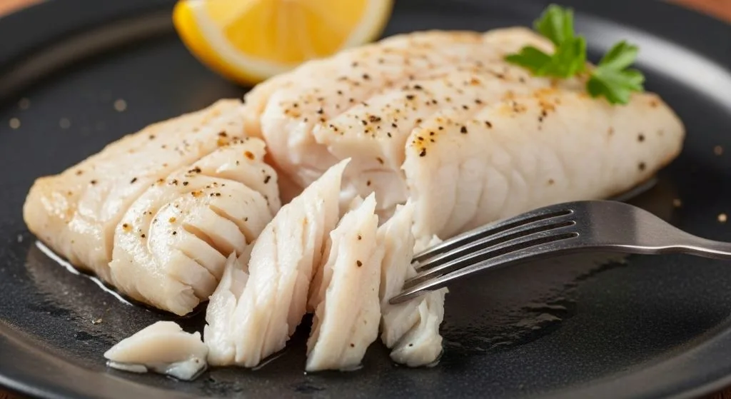 cooked fish flaking with fork