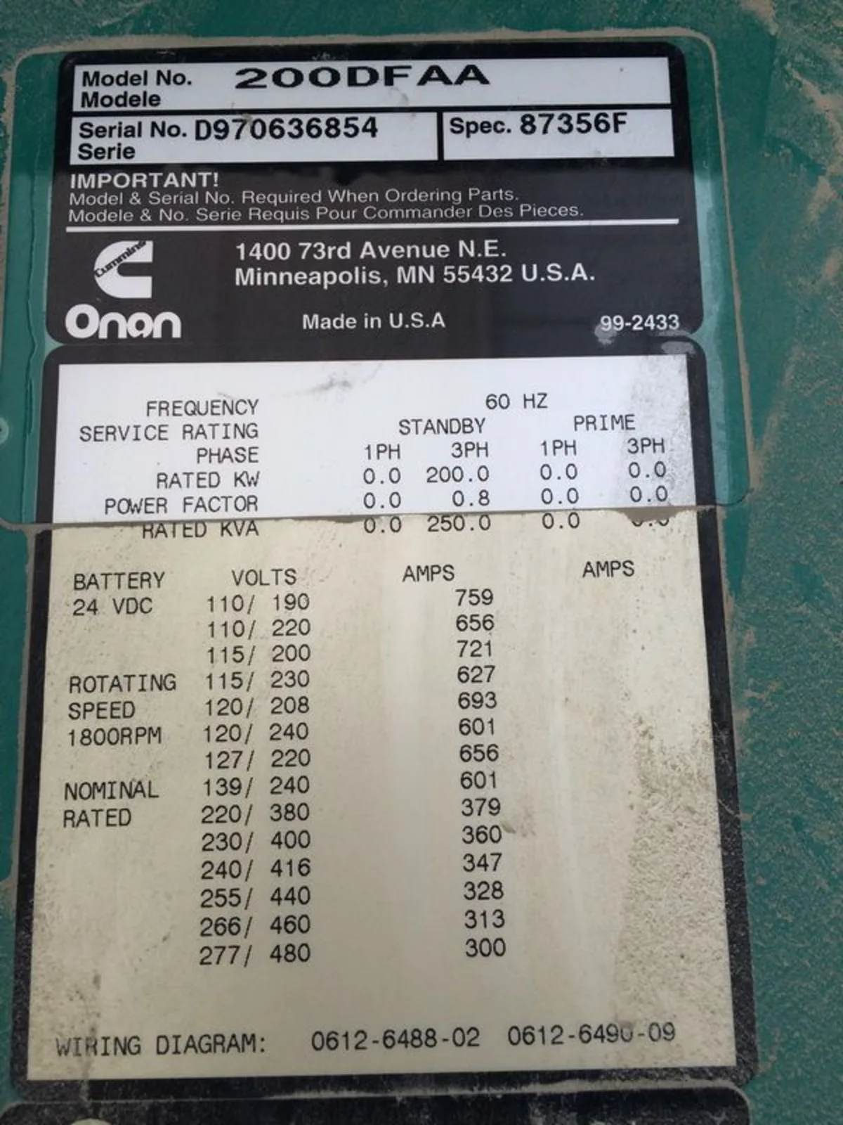 Cummins generator model number plate
