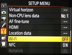 DSLR camera WiFi menu screen