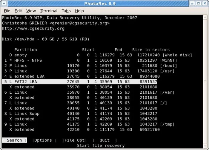 PhotoRec recovery software