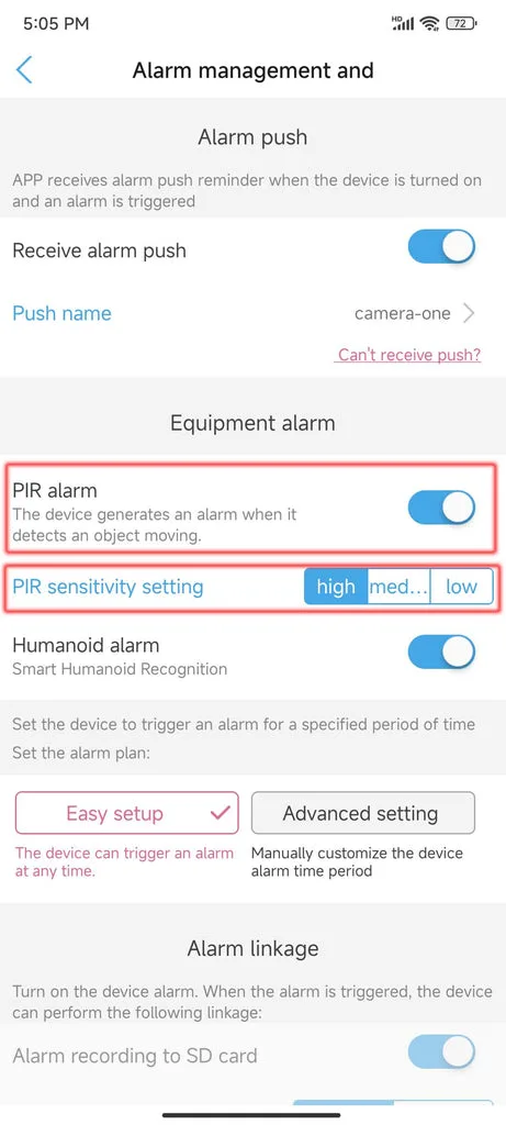 PIR sensor sensitivity settings