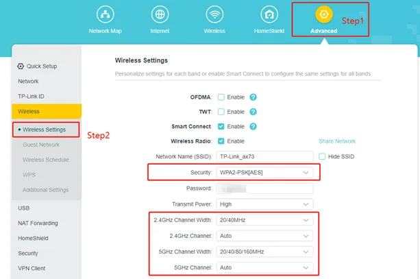 router settings 2.4 GHz 5 GHz