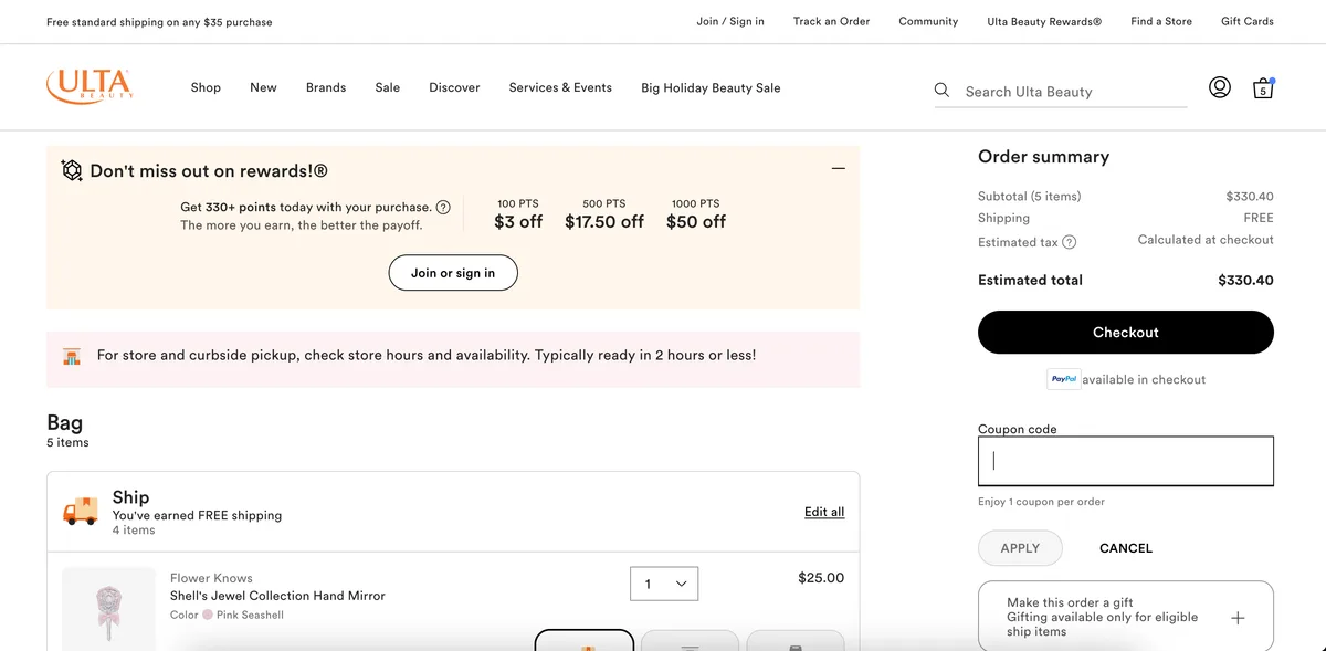 Ulta checkout browser