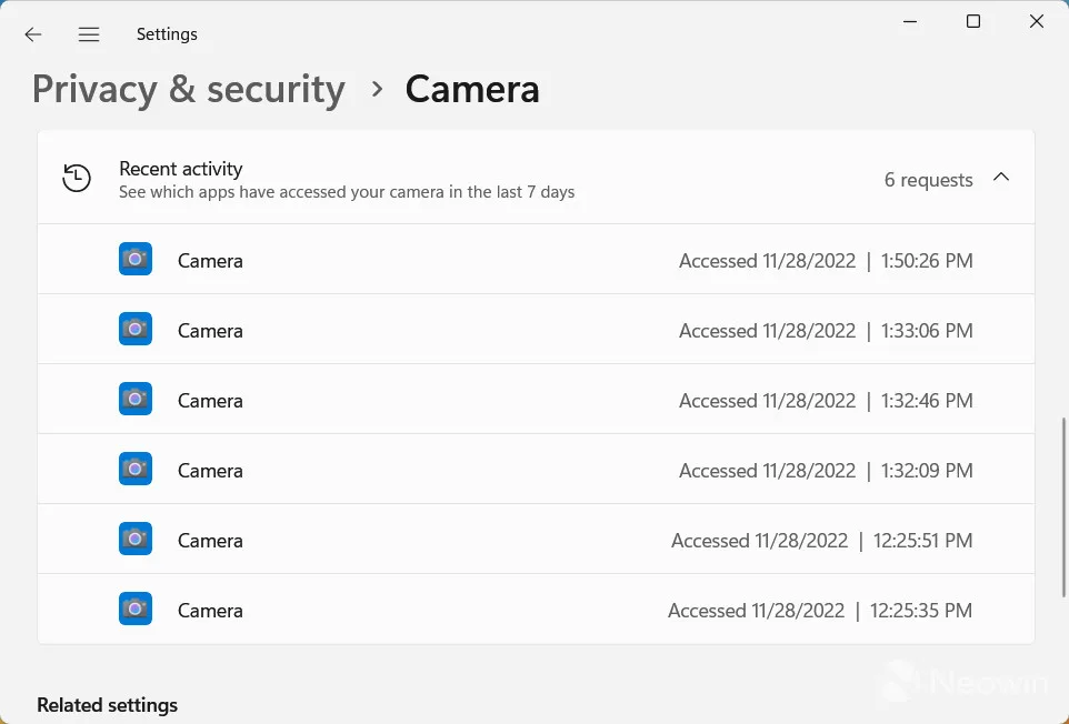 Windows camera privacy settings